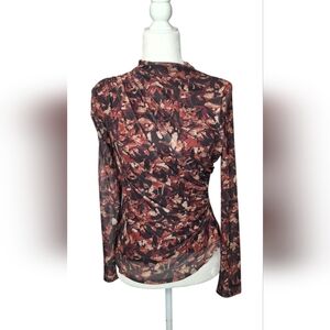 Abstract Print Ruched Mesh Mock Neck Long Sleeve Draped Small Dark Floral Fairy